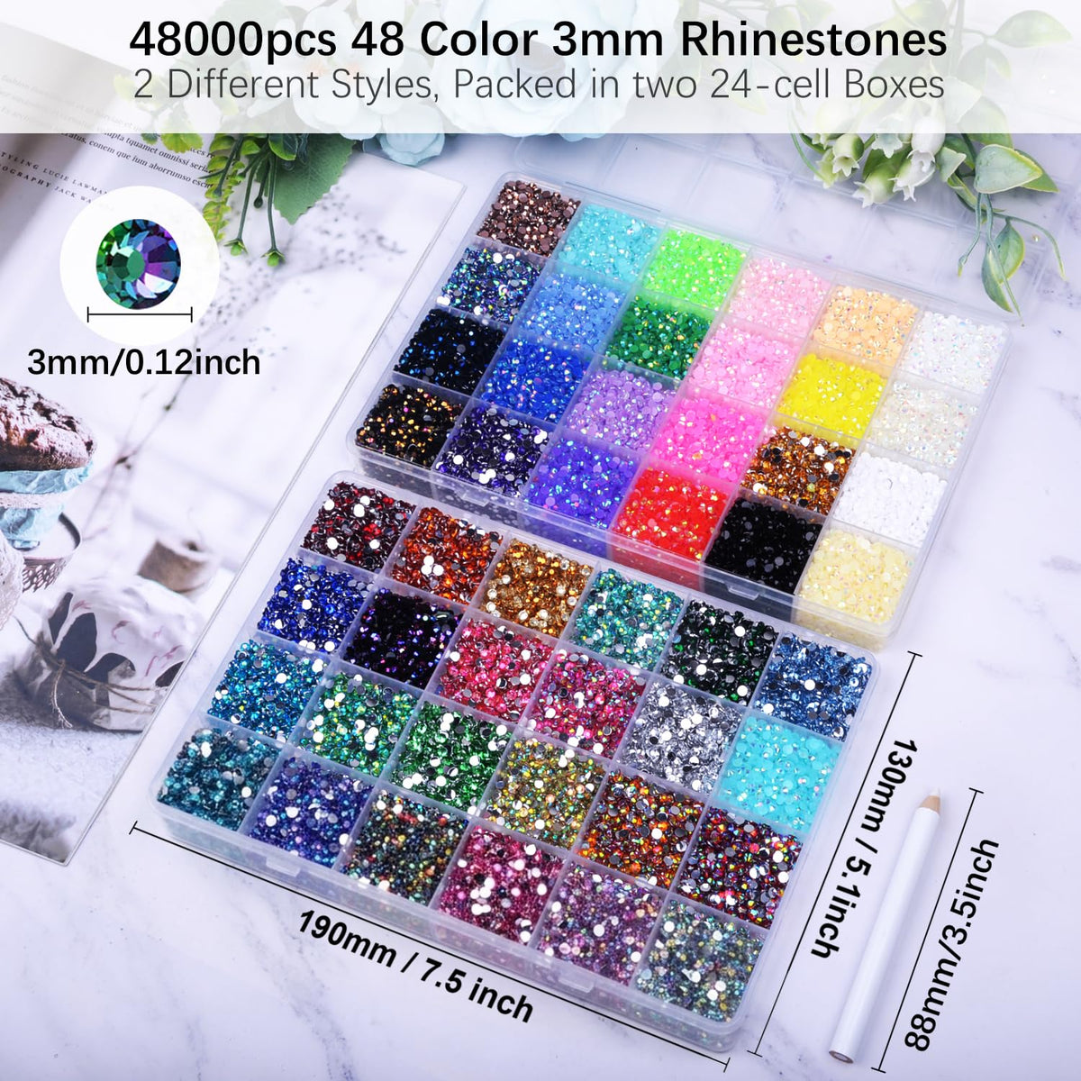 DIYCICO close-up of 3mm faceted resin rhinestones showing sparkle and reflective facets