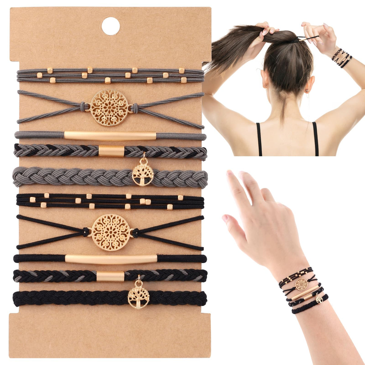 DIYDEC front view of 10-piece hair tie set showing neutral colors and styles for everyday use