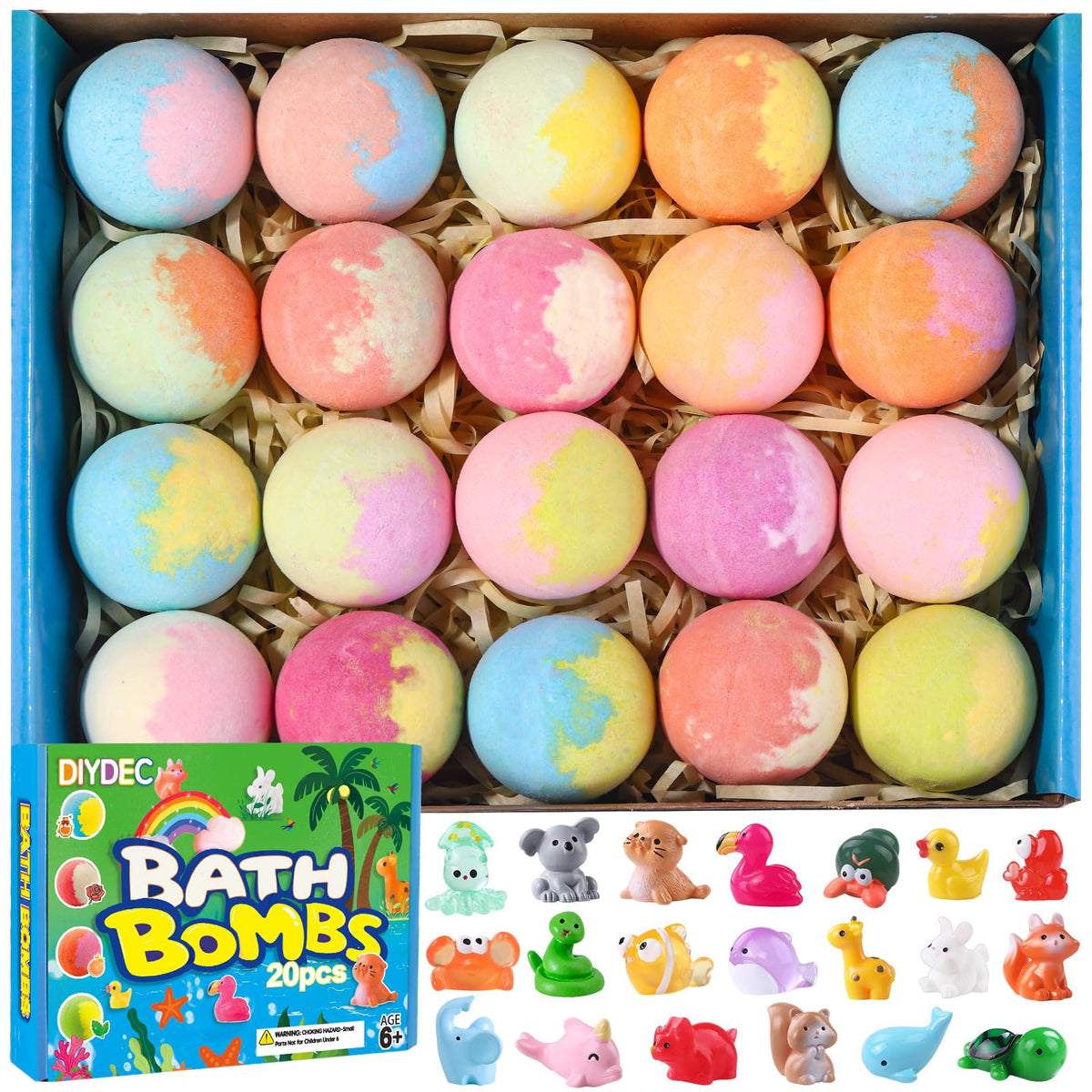 DIYDEC front packaging showing 20 colorful bath bombs and gift-ready box
