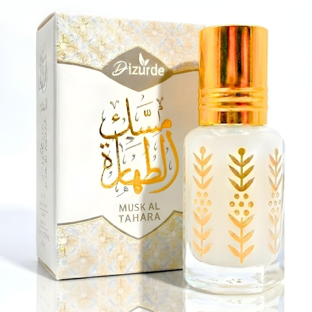 Dizurde front bottle showing clean white musk label and elegant design benefit portability