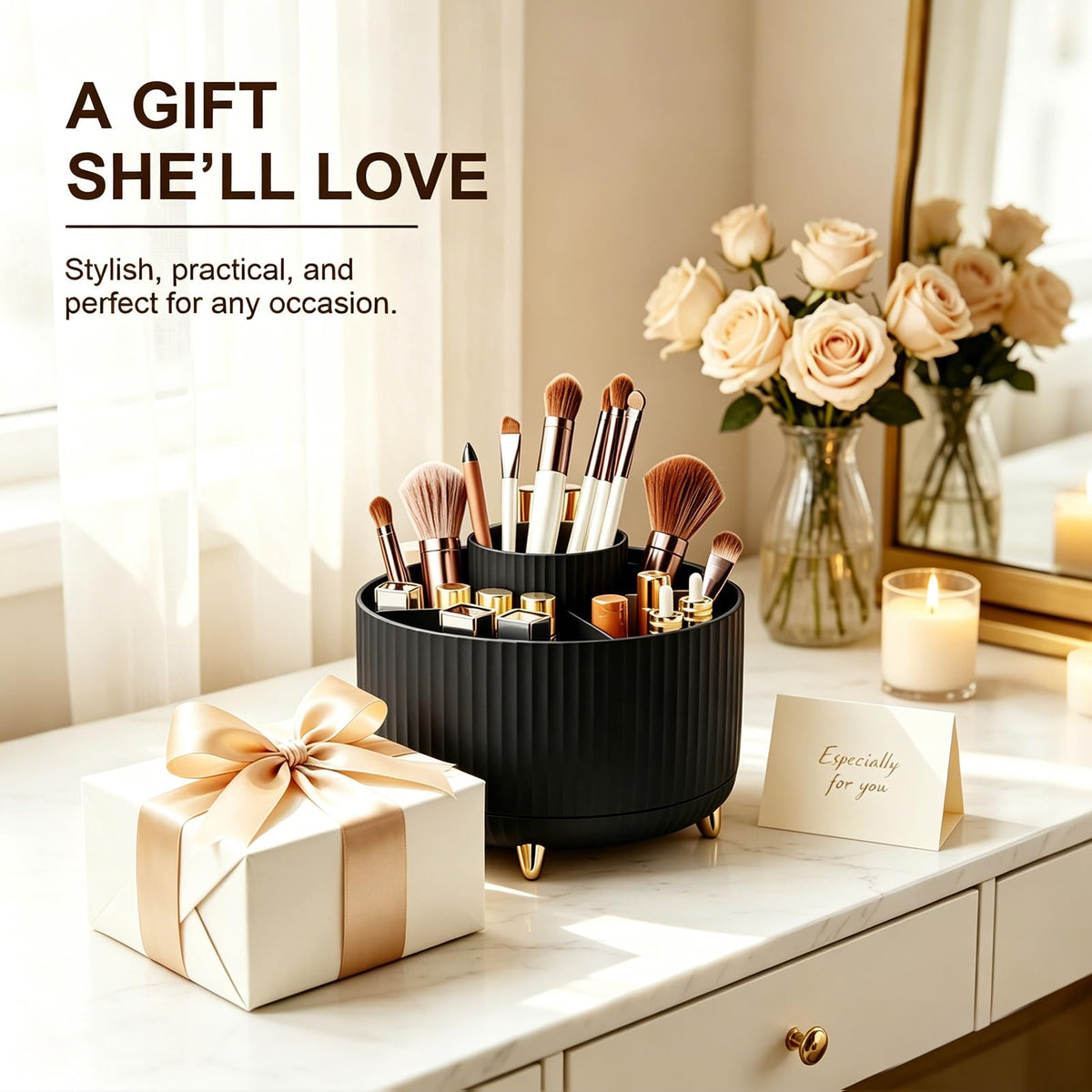 DJBVHSF on a vanity with brushes and cosmetics for quick access