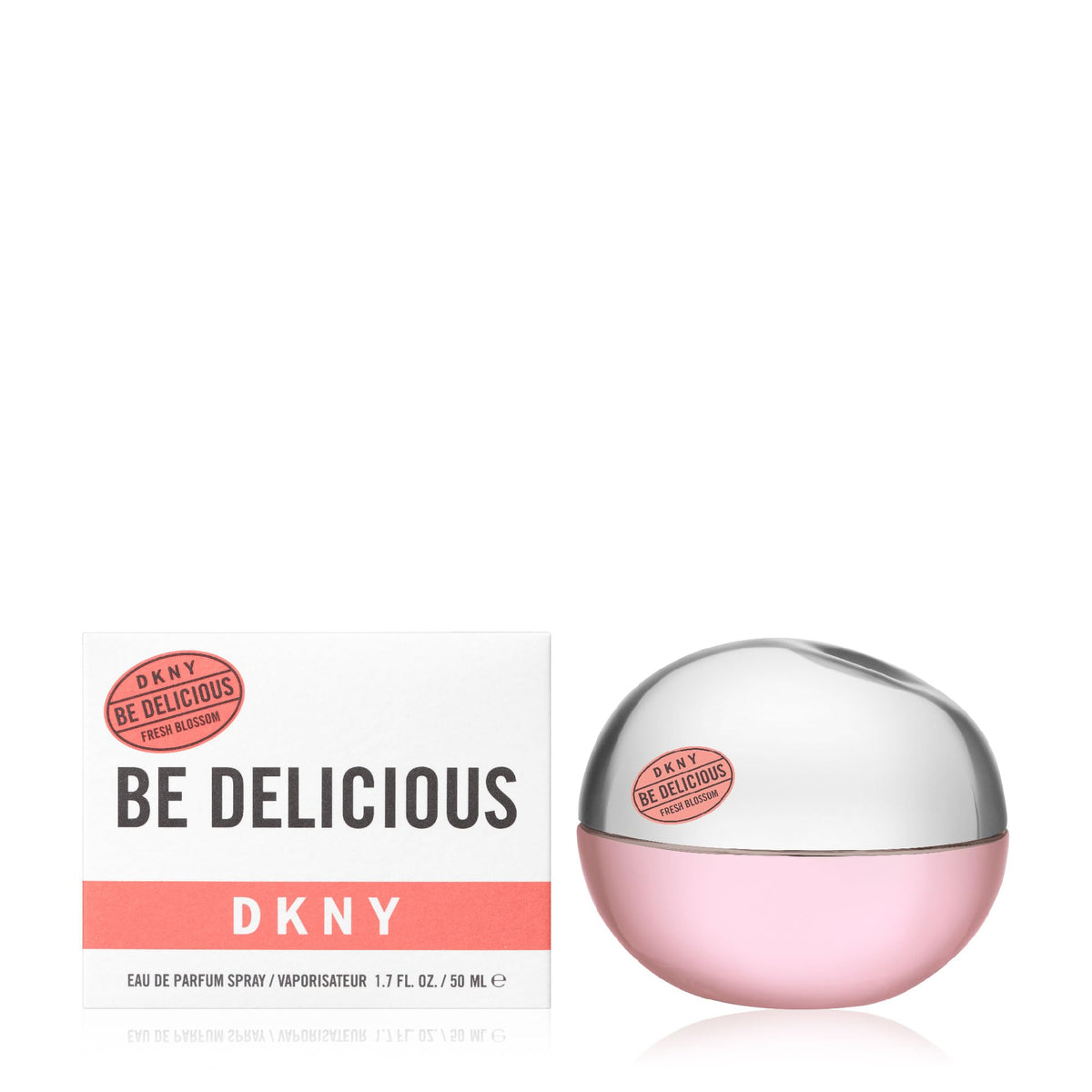 DKNY bottle front view showing fresh floral packaging and easy carry benefit