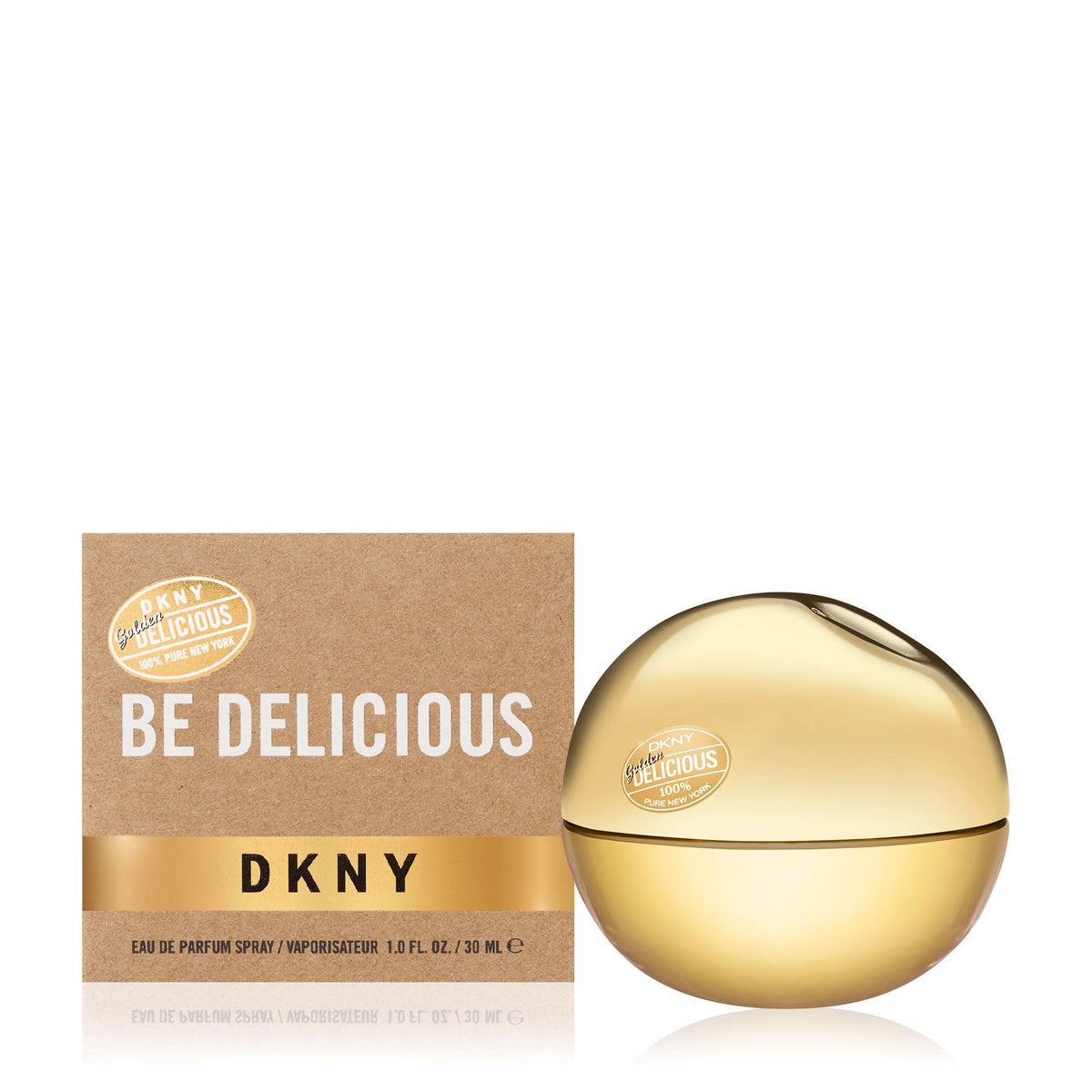 DKNY bottle front view showcasing golden apple note and elegant design