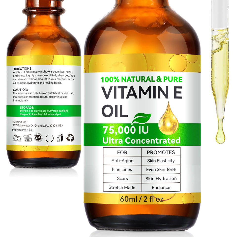 DLOMFVFQ front bottle view showing organic vitamin E oil for visible hydration benefits