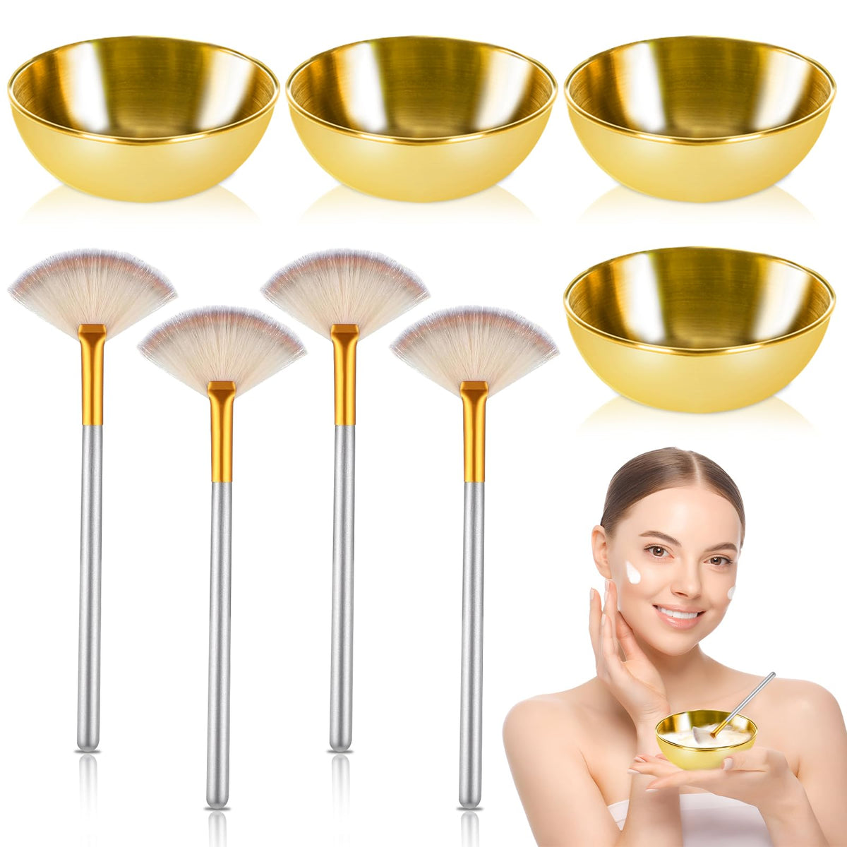 DLUGOPIS gold bowls and brushes front view showing elegant kit and organized tools