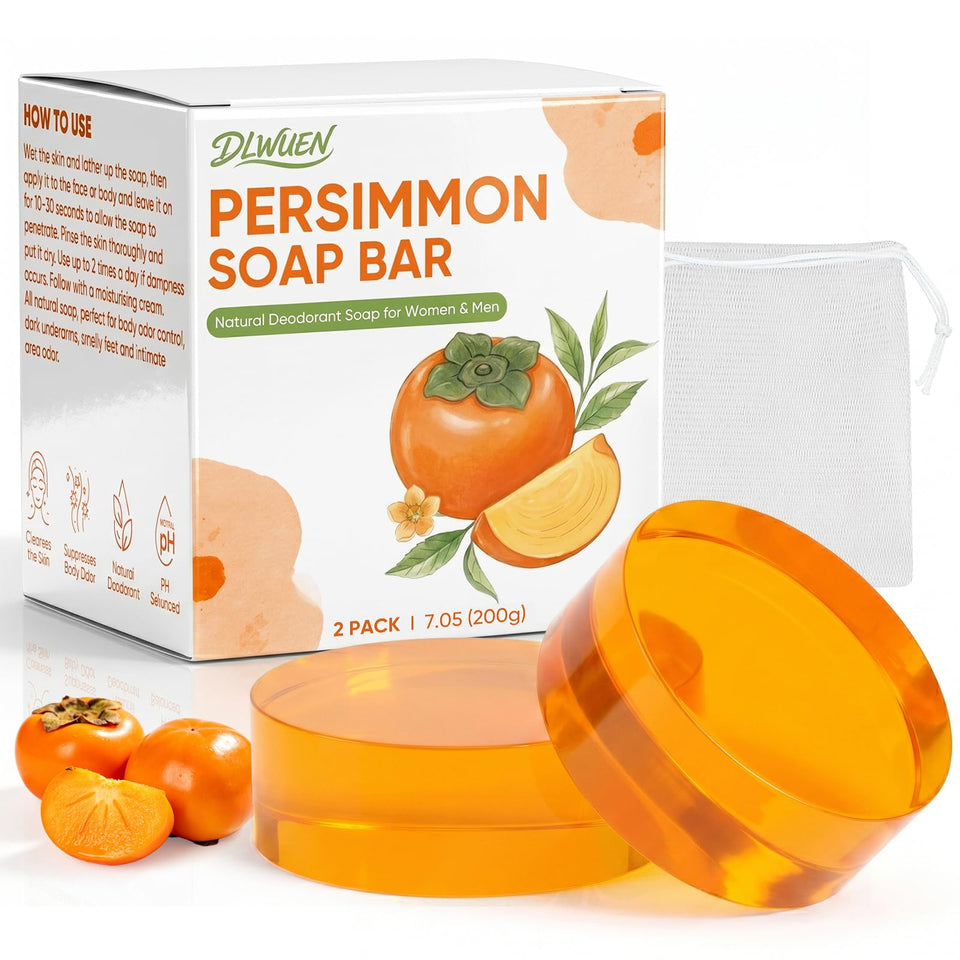 DLWUEN front packaging showing two persimmon soap bars and benefits