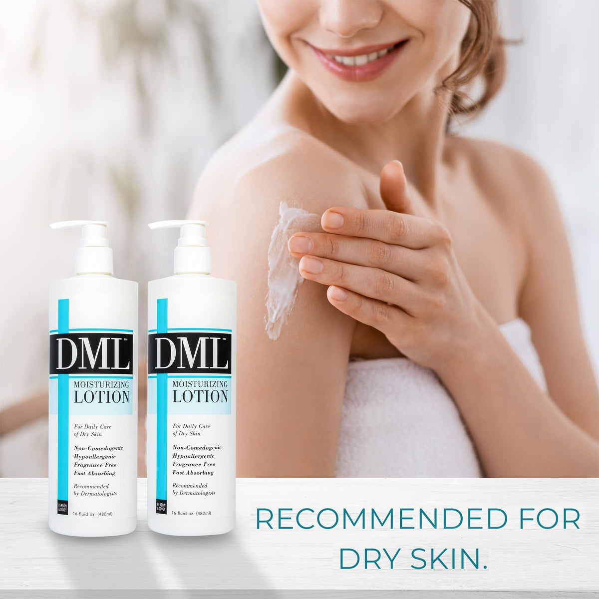 DML bottle on bathroom counter near sink showing convenient everyday use