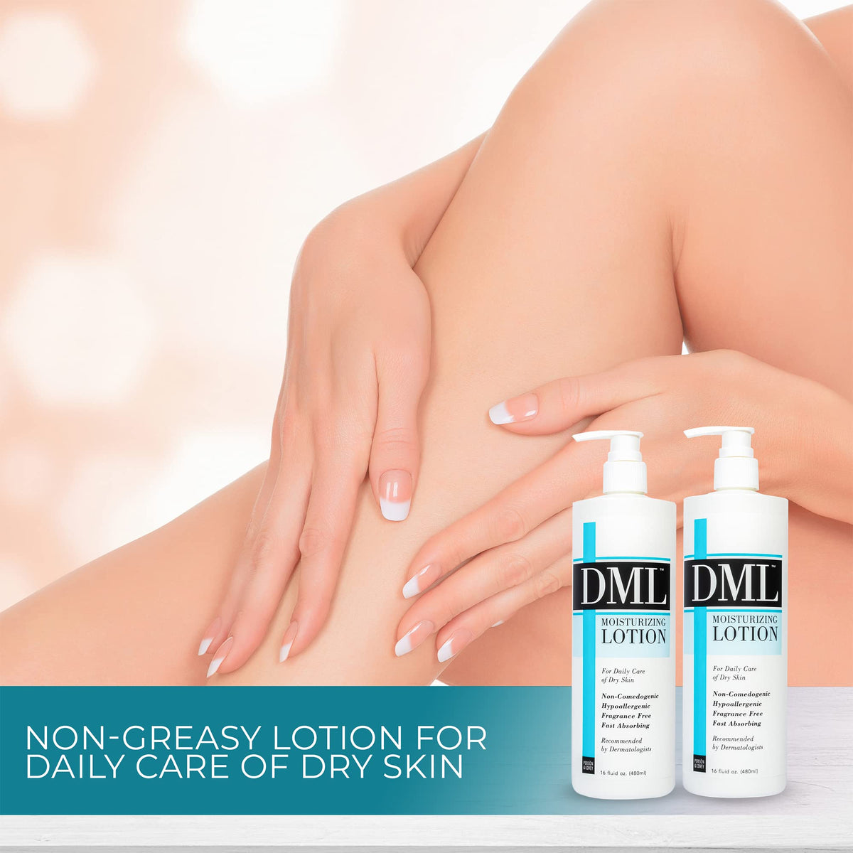 DML bottle next to a hand showing 16 oz size and value benefit