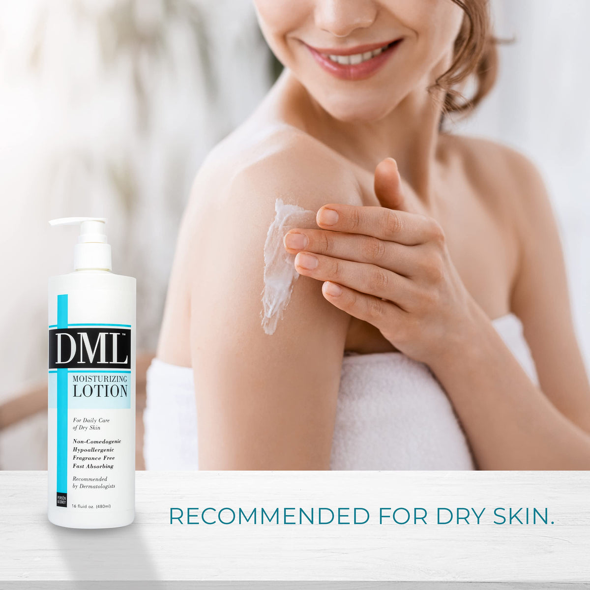 DML bottle on bathroom counter in a lifestyle setting suggesting daily routine convenience