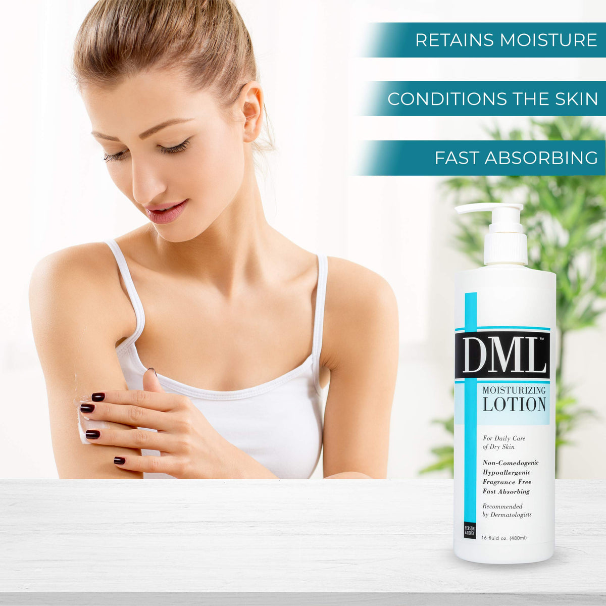 DML lotion dispensed into hand highlighting silky texture and easy spreadability