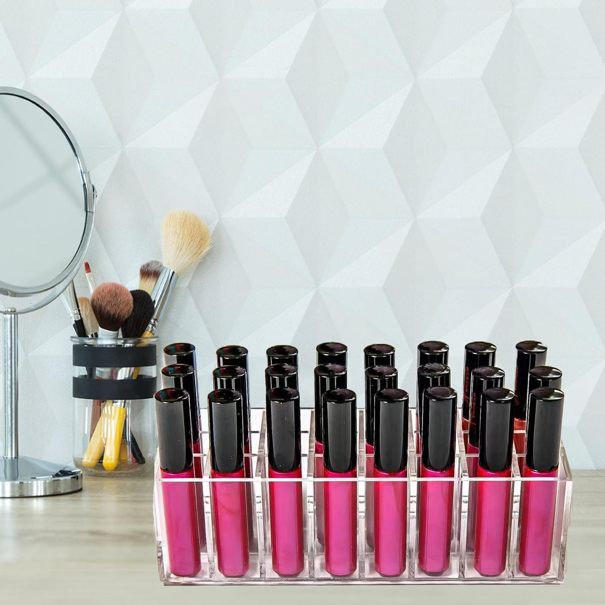 Dmopipp storage in bathroom counter setting conveying neat and stylish organization