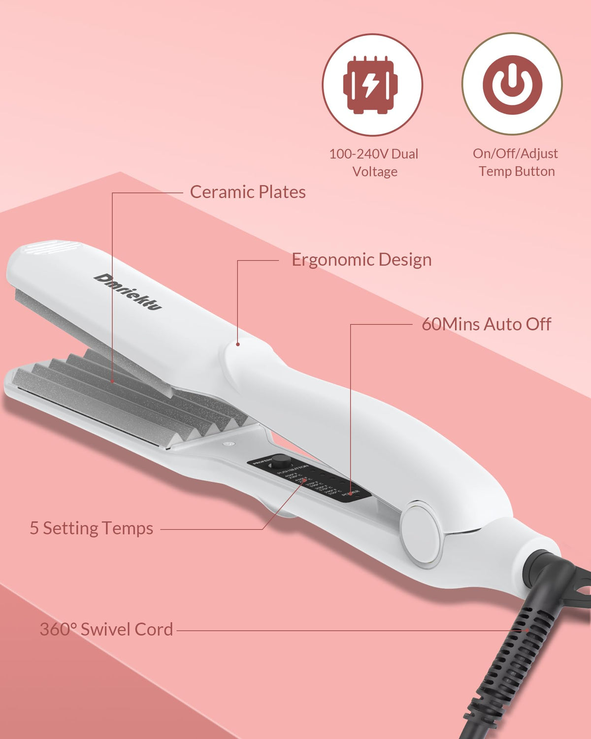Dmriektu temperature control display shows five settings for hair types