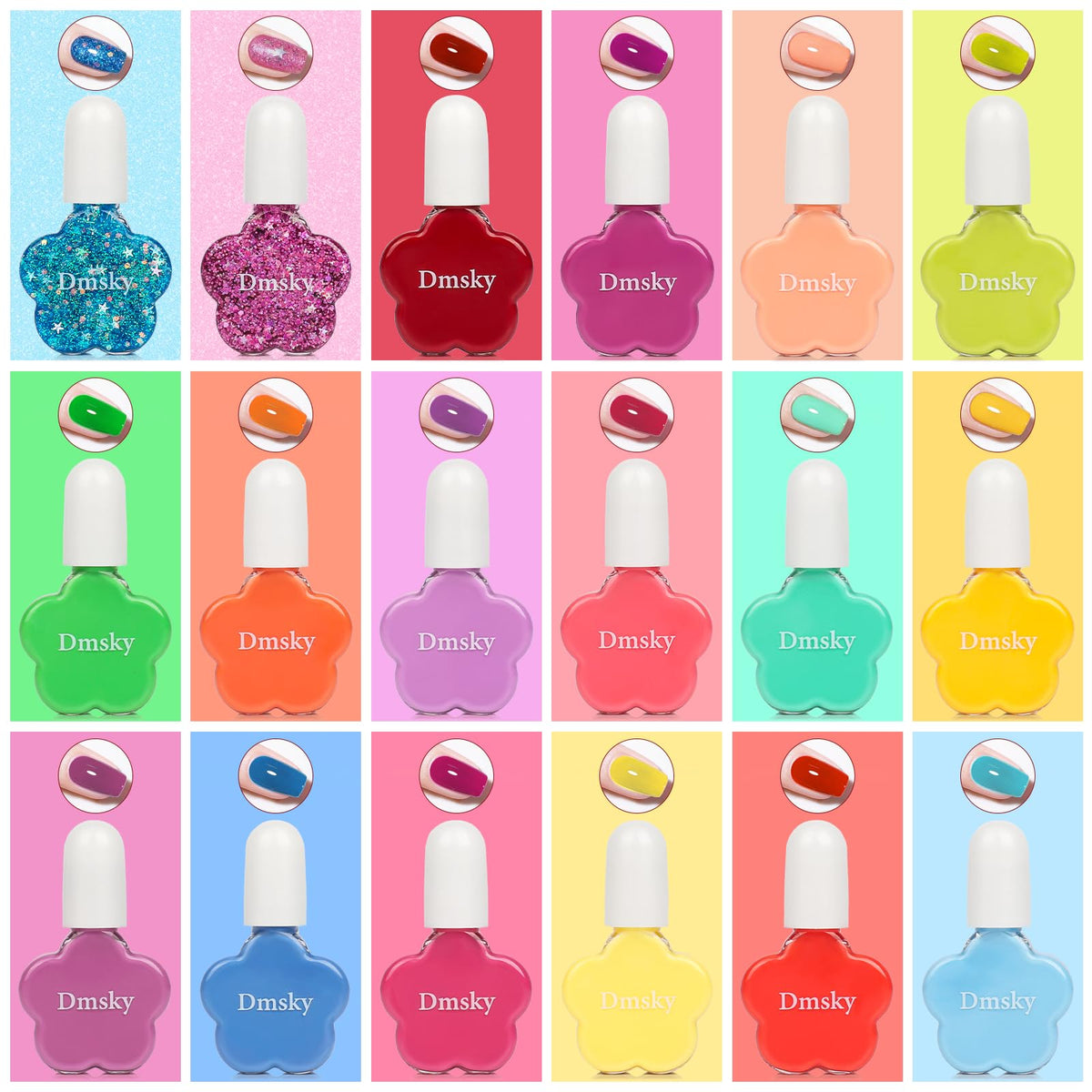 Dmsky color array top view displaying bright and glitter nail shades for variety