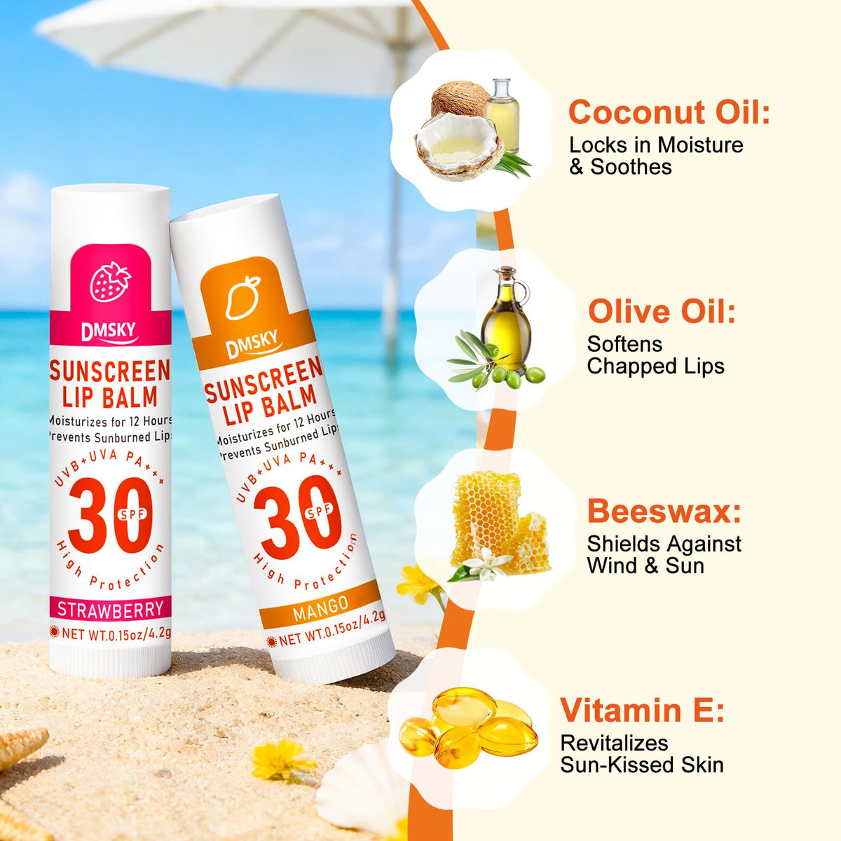 DMSKY display of ten flavored lip balms illustrating flavor variety benefit