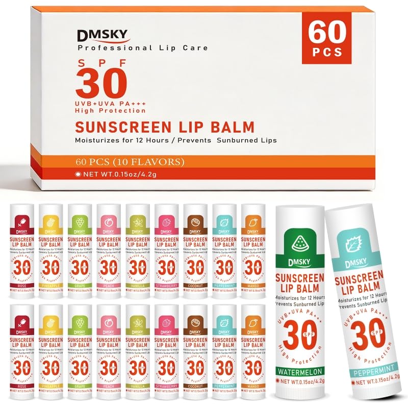 DMSKY front-packaging showing 60 small SPF 30 lip balms for easy sharing