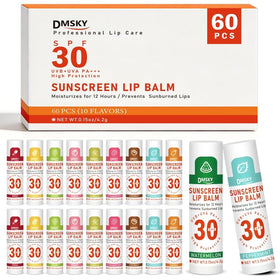 DMSKY front-packaging showing 60 small SPF 30 lip balms for easy sharing
