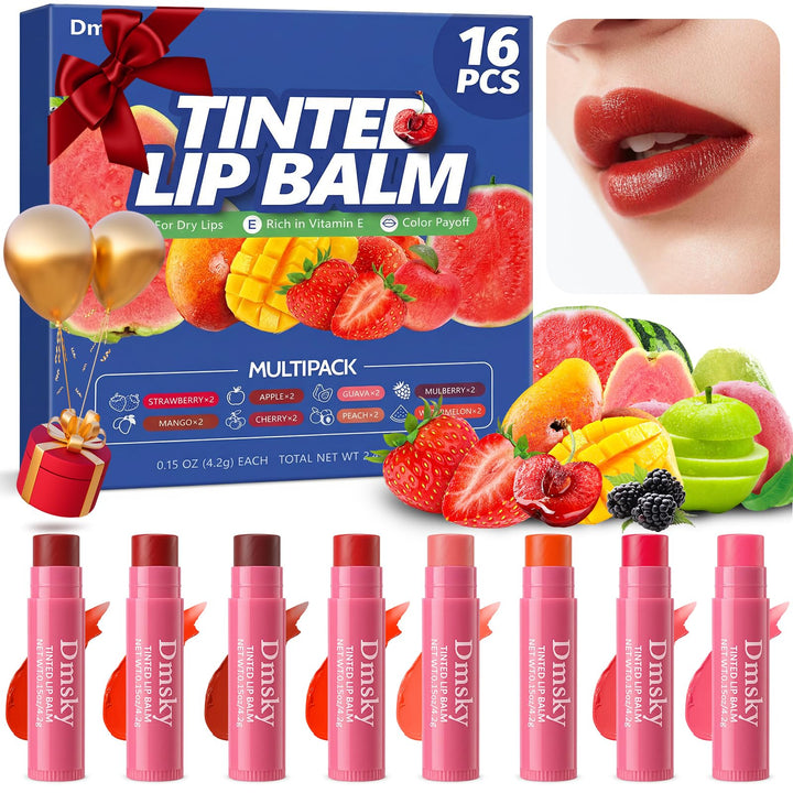 Dmsky front packaging showing 16 fruity tinted lip balms and variety benefit