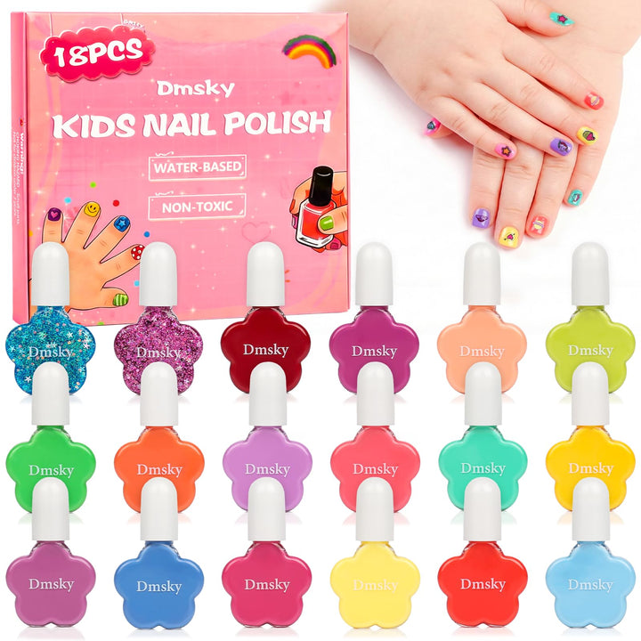 Dmsky front packaging showing 18 colorful nail polishes and kit benefits
