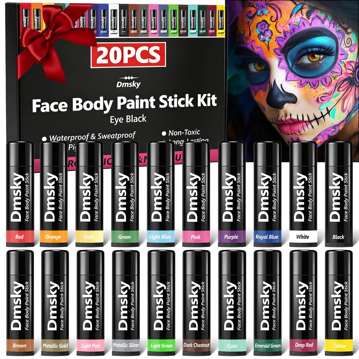 Dmsky front packaging showing 20 colorful sports paint sticks and benefits