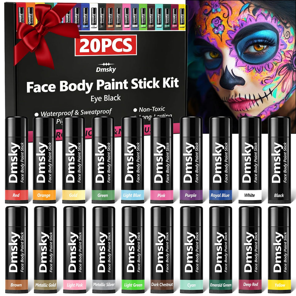 Dmsky front packaging showing 20 colorful sports paint sticks and benefits