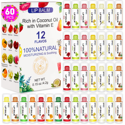 DMSKY front packaging showing 60 lip balm tubes and flavor variety, practical bulk gifting benefit