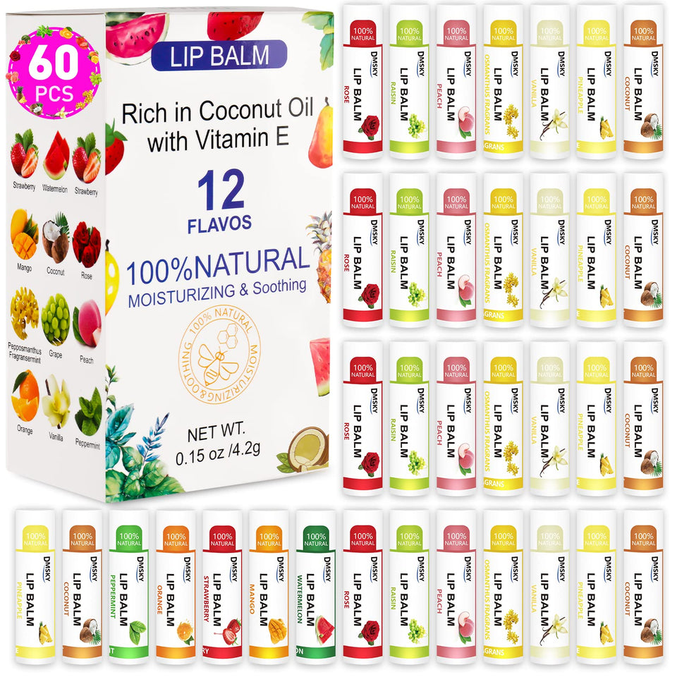 DMSKY front packaging showing 60 lip balm tubes and flavor variety, practical bulk gifting benefit