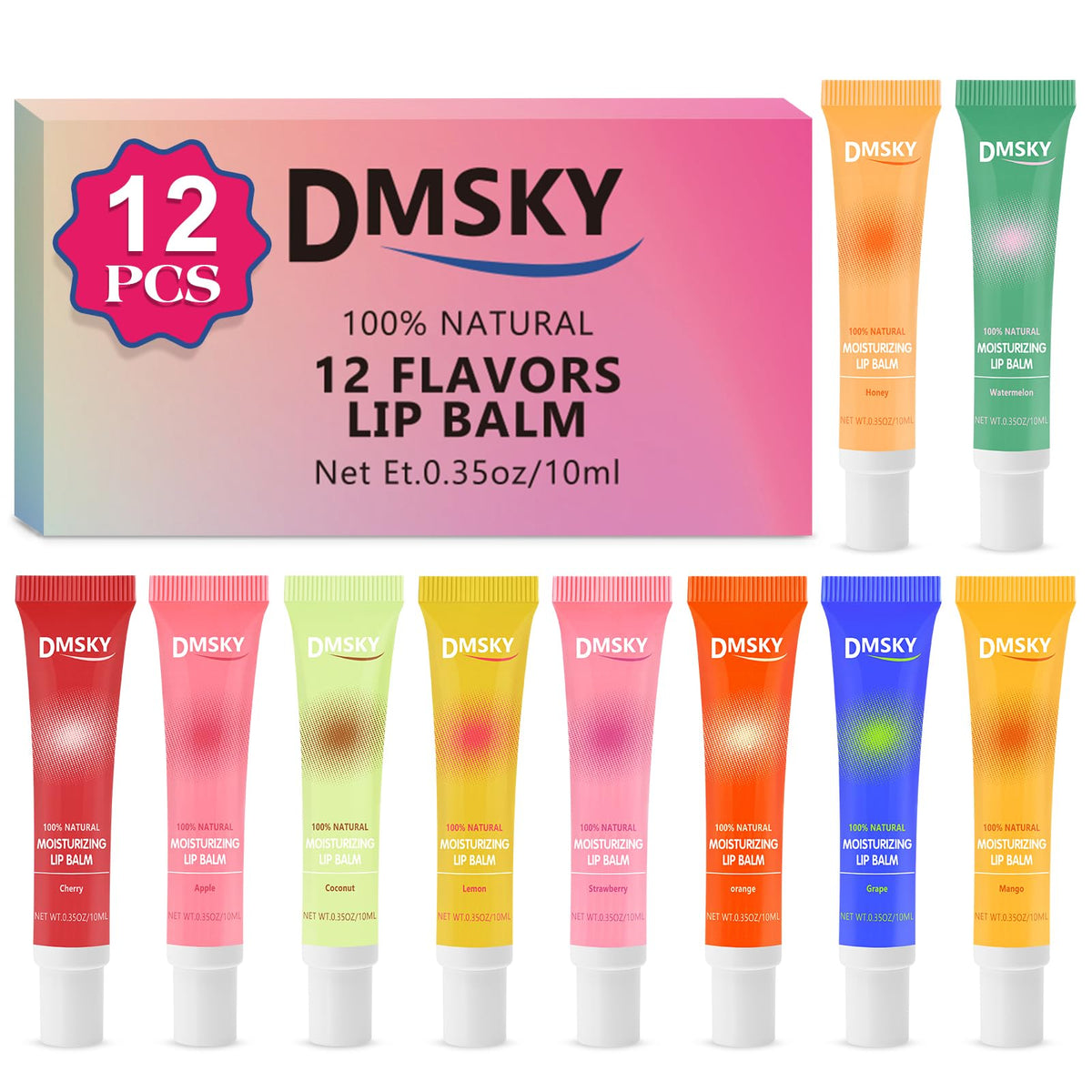 Dmsky front packaging showing twelve clear gloss tubes and easy storage