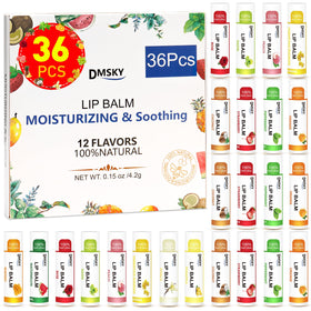 DMSKY front packaging showing 36 colorful lip balm tubes and flavor variety benefit