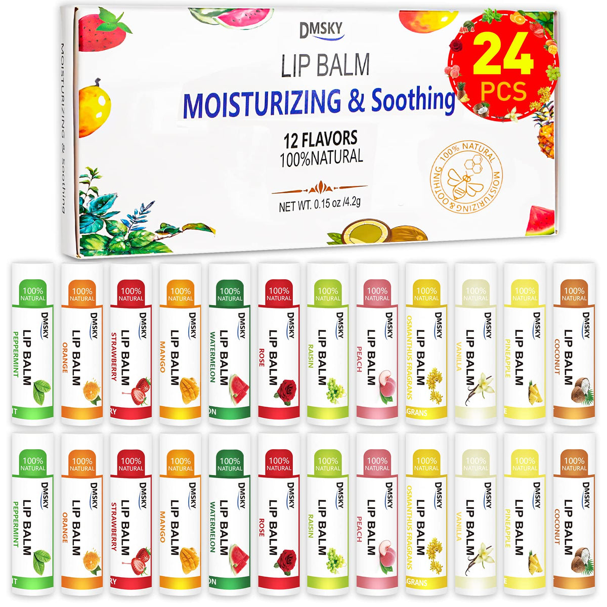 DMSKY front packaging showing 24 lip balm tubes and colorful labels for variety