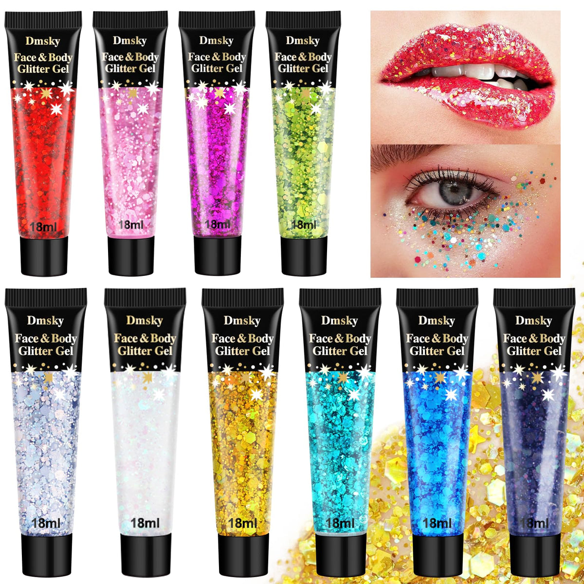Dmsky front view of ten glitter tubes showing colors and packaging, great for gifting