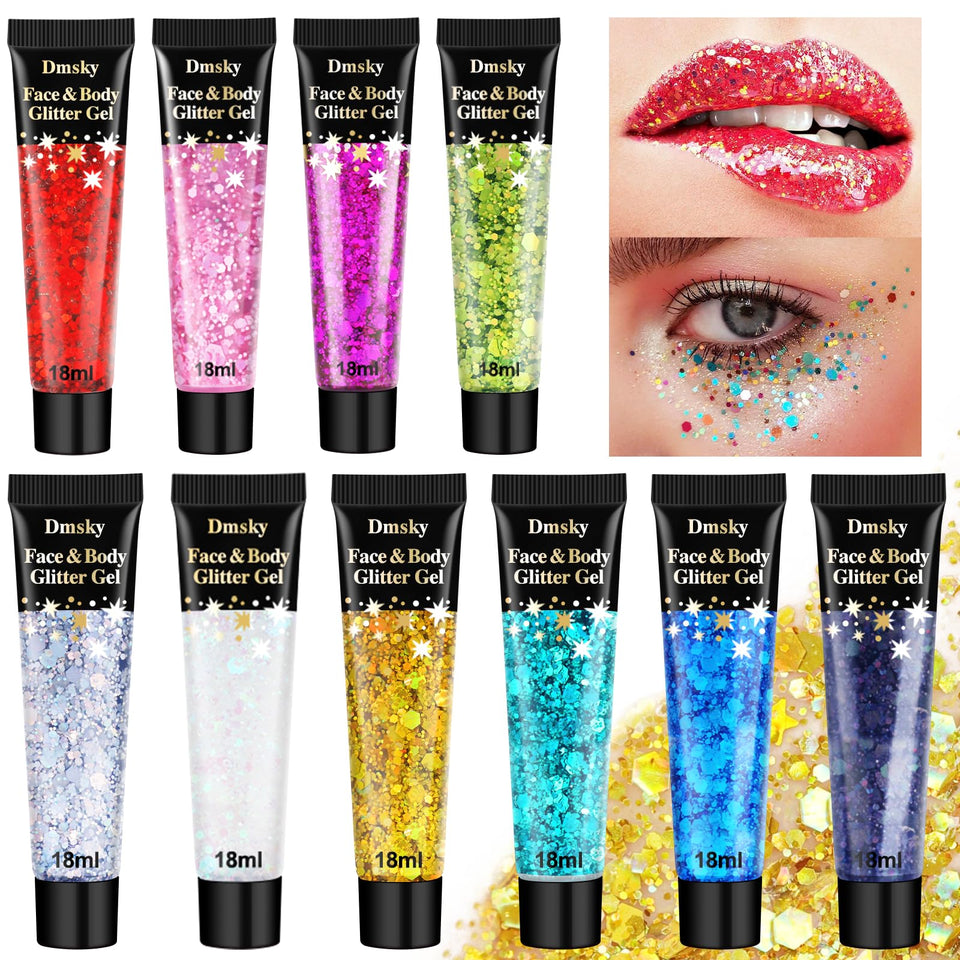 Dmsky front view of ten glitter tubes showing colors and packaging, great for gifting