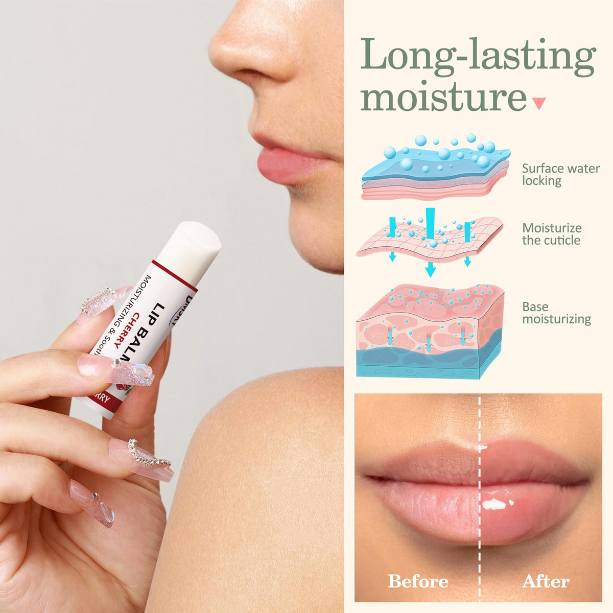Dmsky balm in use on lips demonstrating instant softening benefit