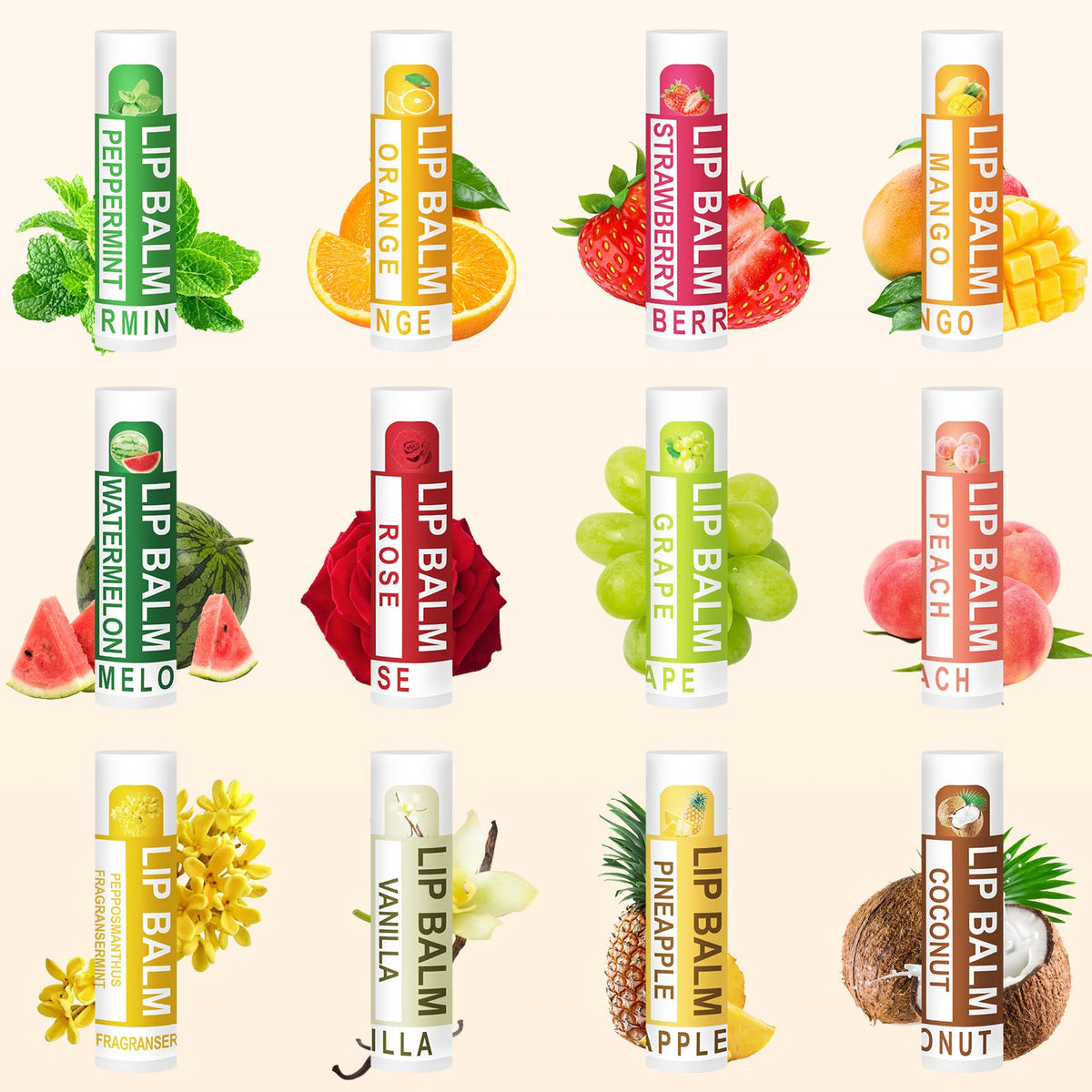 Dmsky open tubes arranged to show all twelve flavor labels