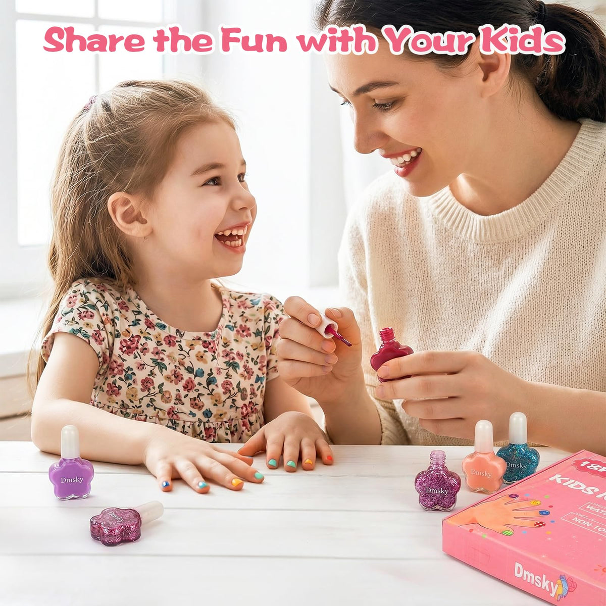 Dmsky polish on kids fingernails demonstrating quick-dry colorful manicure