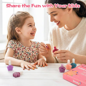 Dmsky polish on kids fingernails demonstrating quick-dry colorful manicure