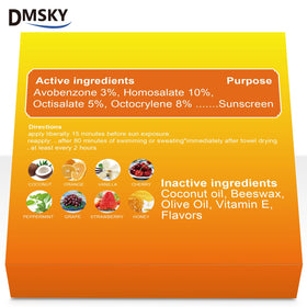 Dmsky balm texture on fingertip demonstrating moisturizing coconut oil and Vitamin E benefits