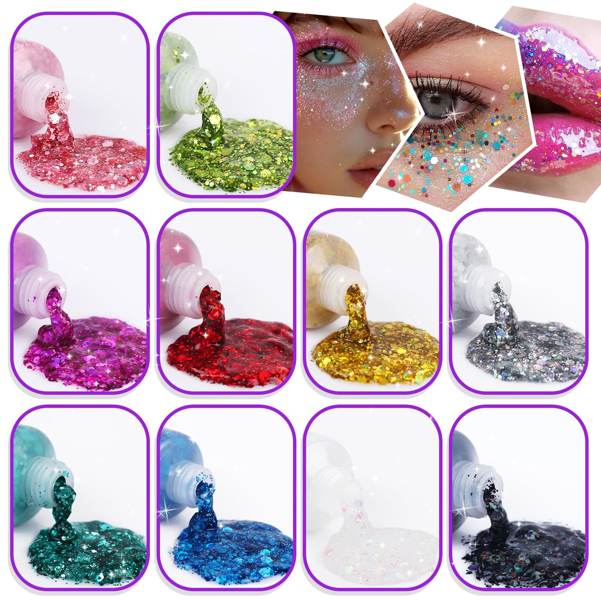 Dmsky close-up gel swatches on white card displaying chunky sparkle and color payoff