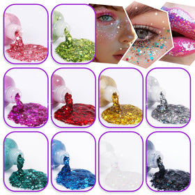Dmsky close-up gel swatches on white card displaying chunky sparkle and color payoff