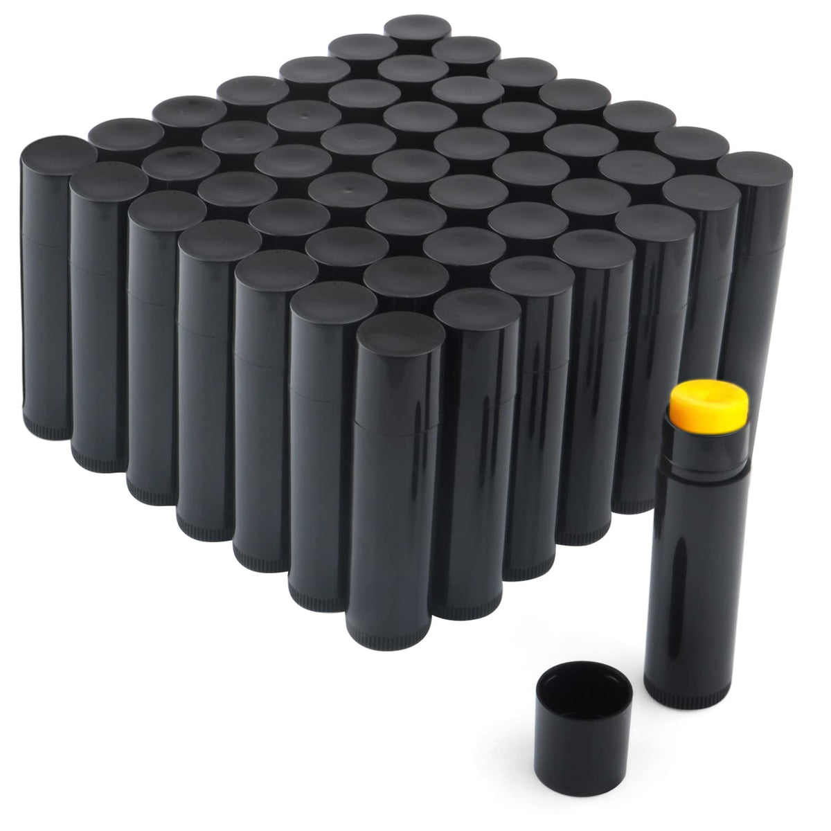 DMuuuDM front view of 50 black empty lip tubes showing uniform pack and portability
