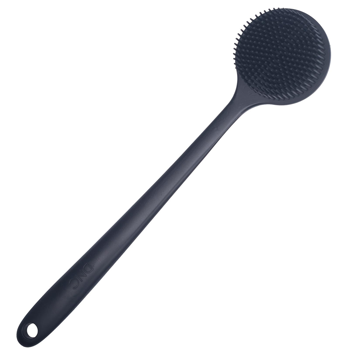 DNC front view of black silicone back scrubber showing full design and easy reach