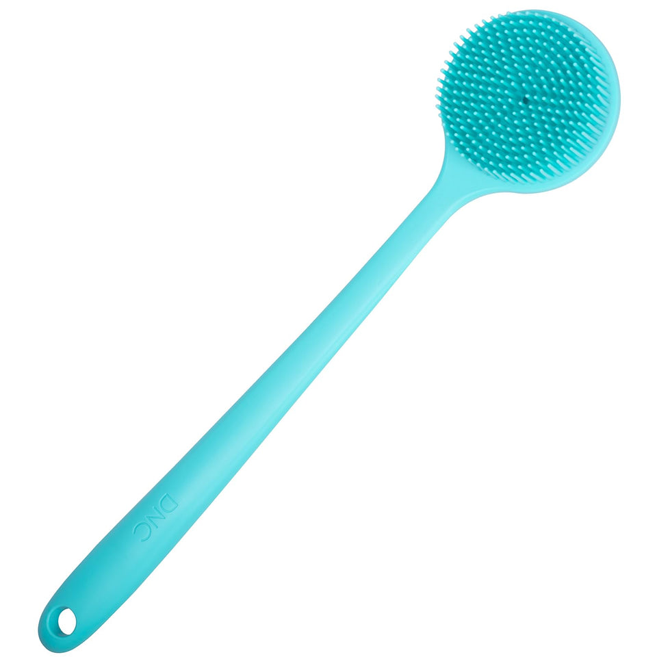 DNC front view of blue back scrubber showing full brush face and benefit of easy cleansing