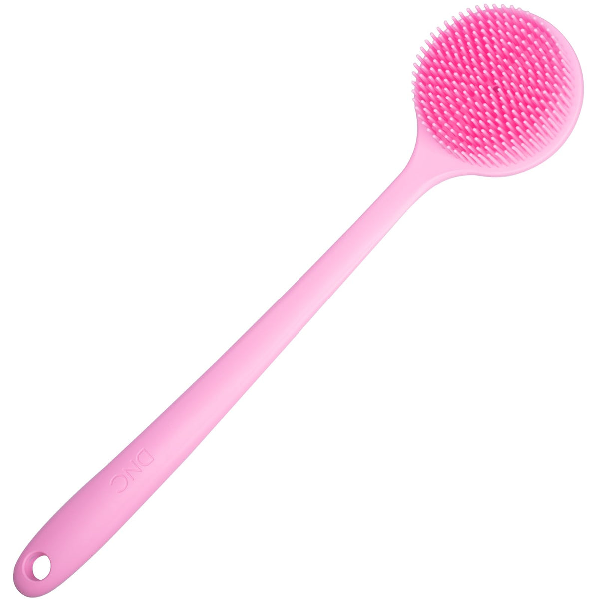 DNC front view of pink silicone back scrubber showing full brush benefit
