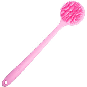 DNC front view of pink silicone back scrubber showing full brush benefit