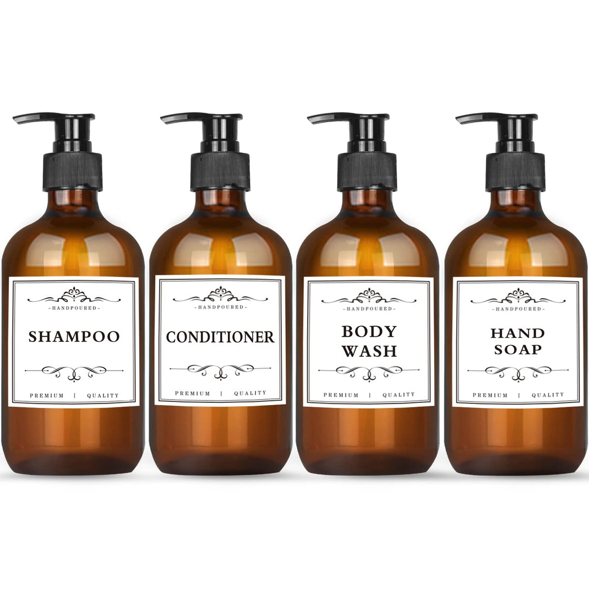 DNSEN amber refillable bottles front pack showing four bottles and pumps for tidy storage