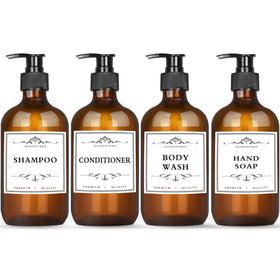 DNSEN amber refillable bottles front pack showing four bottles and pumps for tidy storage