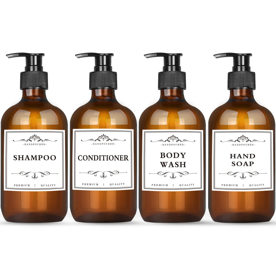 DNSEN amber refillable bottles front pack showing four bottles and pumps for tidy storage