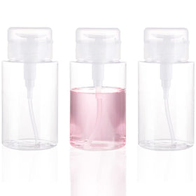 DNSEN three clear pump bottles front view showing tidy refillable toiletry storage benefit