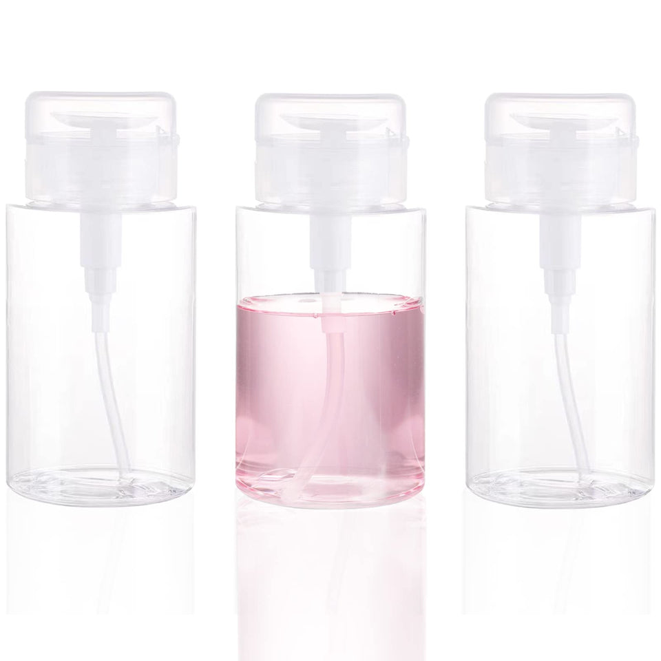 DNSEN three clear pump bottles front view showing tidy refillable toiletry storage benefit