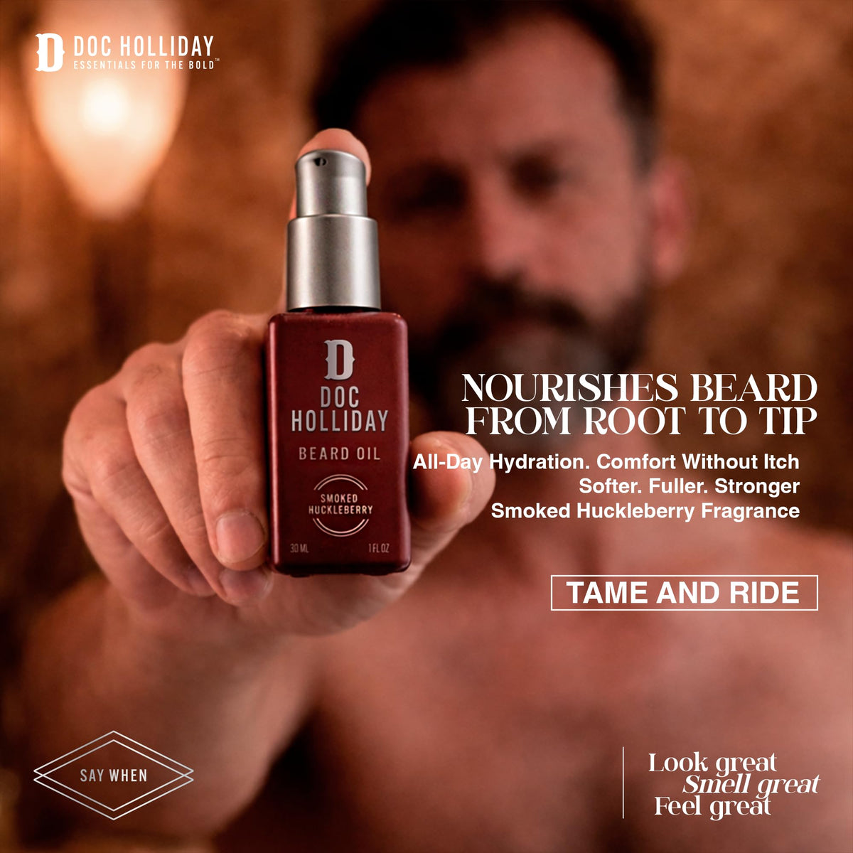 DOC HOLLIDAY before and after beard smoothing showing reduced frizz and sheen