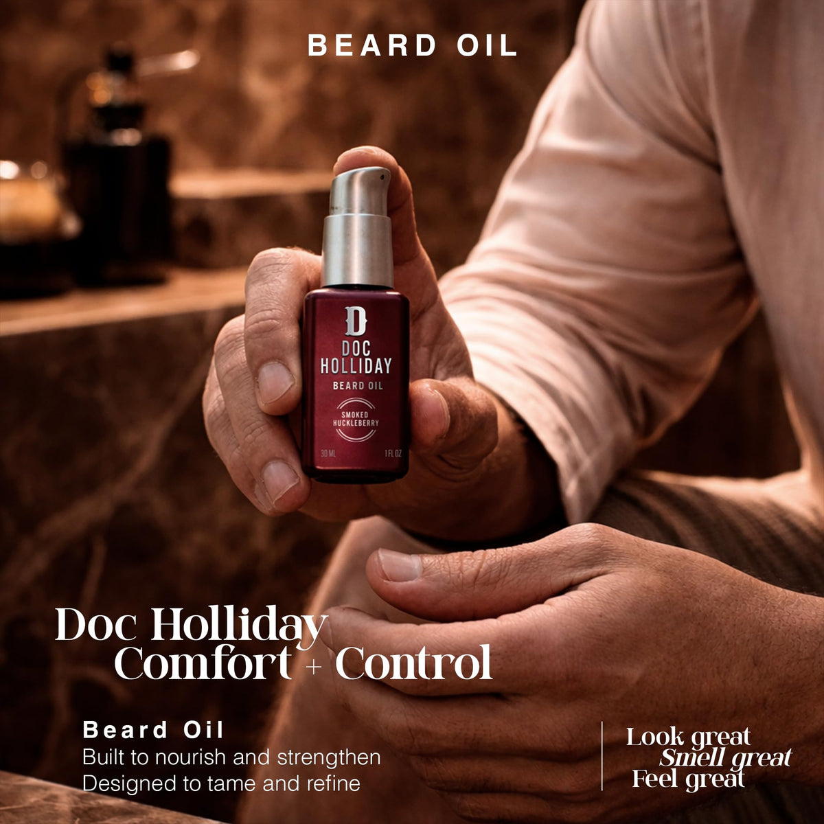 DOC HOLLIDAY 30ml bottle held to show size and easy daily dosing
